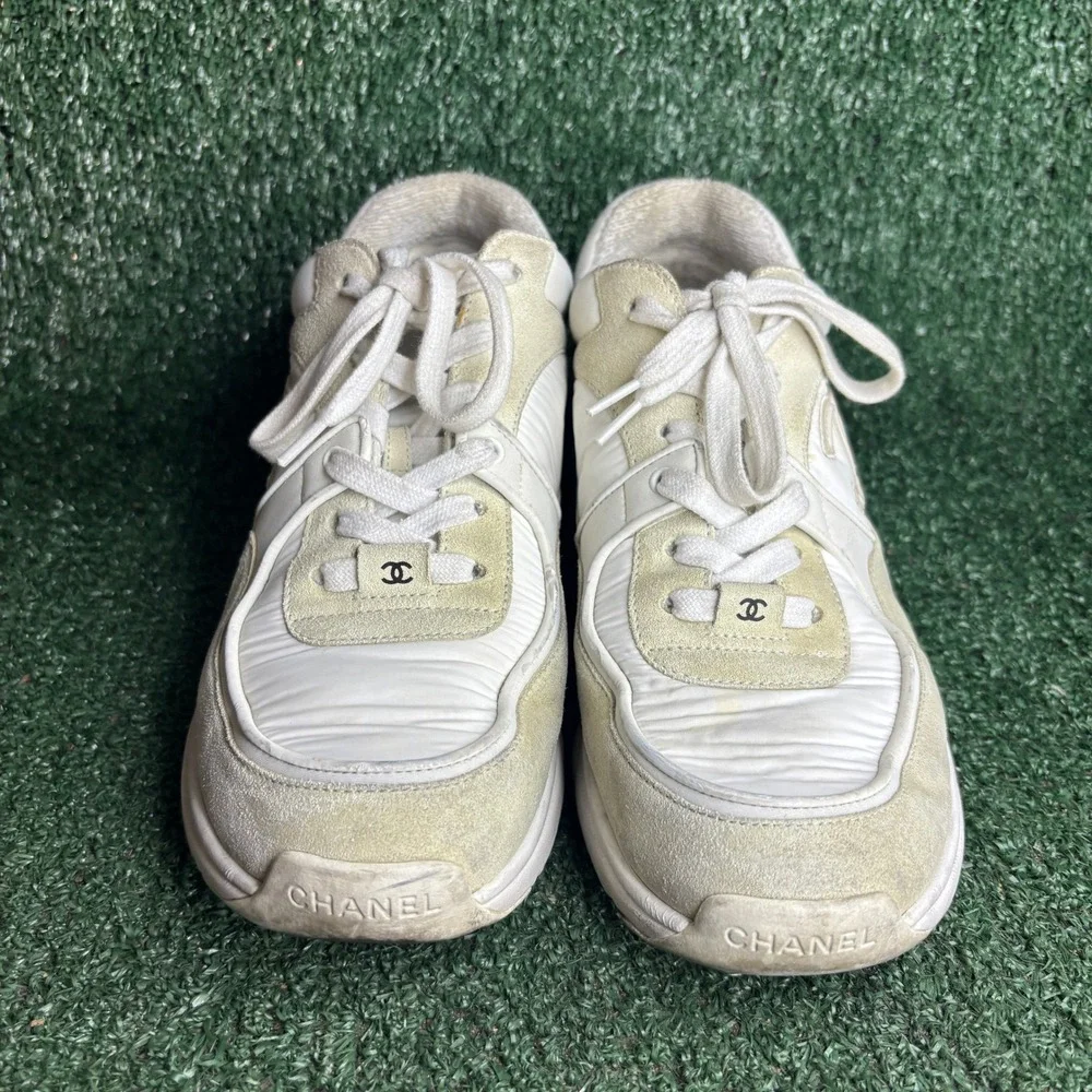 Chanel CC Logo Low Top Suede Nylon Chunky Dad Lifestyle Sneakers White Women 9.5